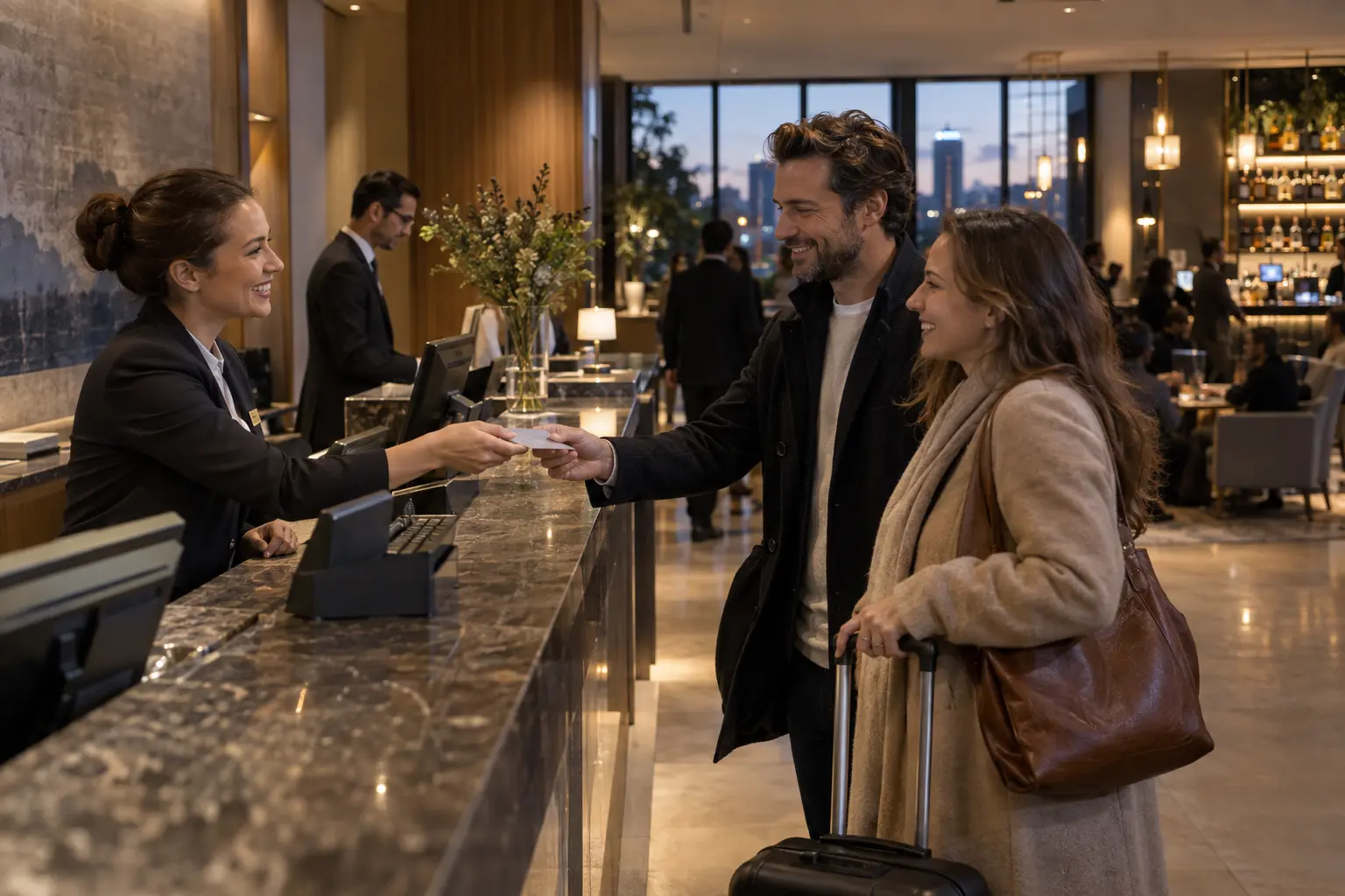 A receptionist handing a room key to a hotel guest