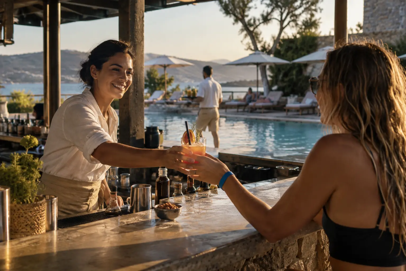 A bartender serving a guest at a resort pool bar