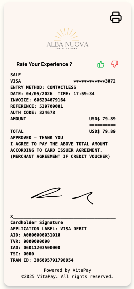Villa Roma receipt